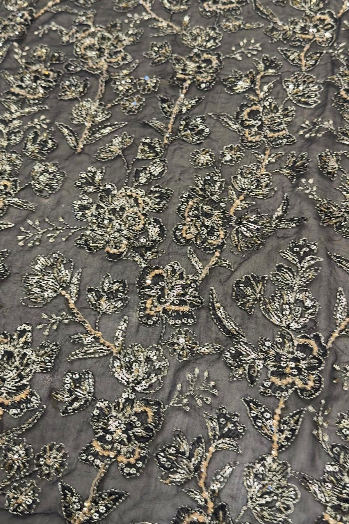 Black luxury formal chiffon — hand embellished fabric