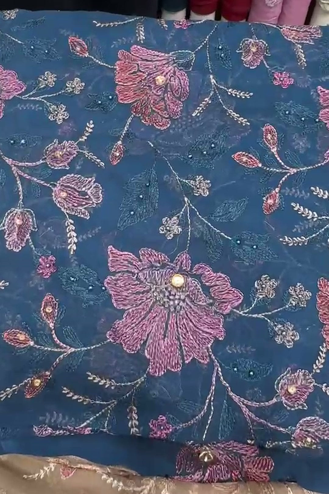 Blue embroidered chiffon 2 piece — shirt and dupatta with stone and pearl handwork