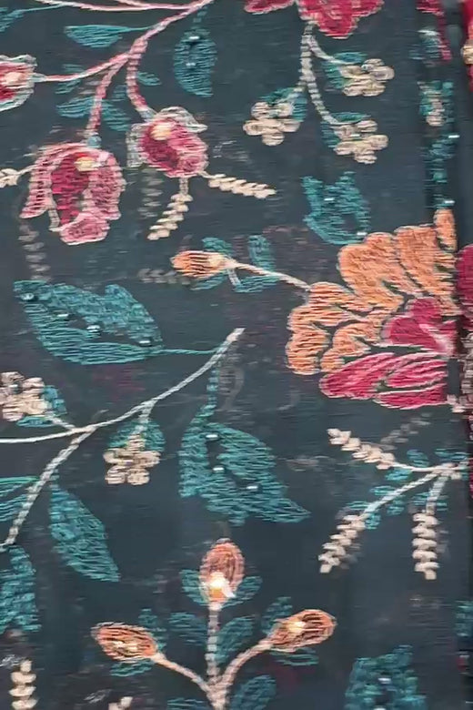 Dark Green Embroidered Chiffon