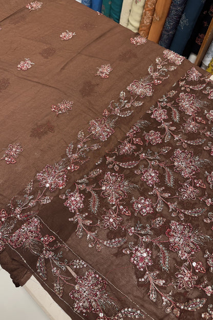 Coffee Brown Luxury Formal Chiffon - hand embellished fabric
