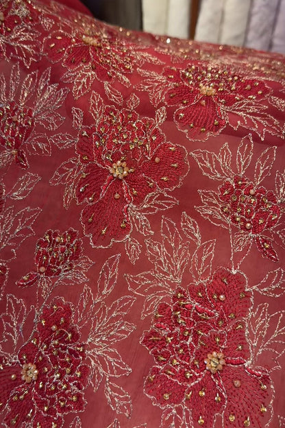 Fabareeze Red Applique Cutwork Hand Embellished