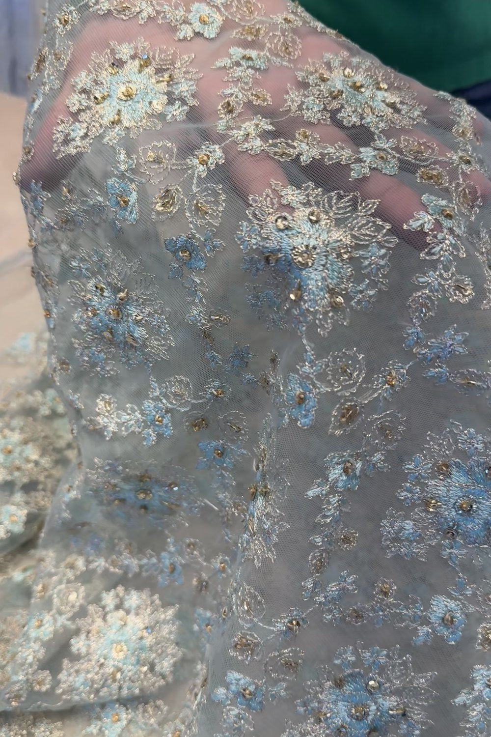 Fabareeze Steel Blue Applique Cutwork Hand Embellished
