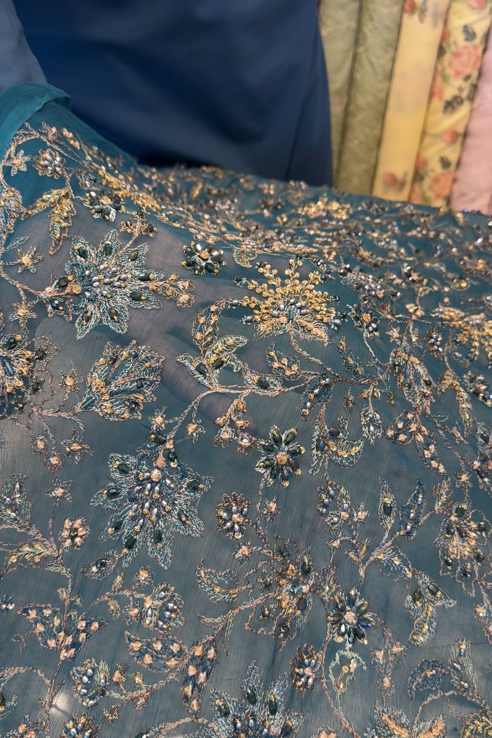 Fabareeze Teal Applique Cutwork Hand Embellished