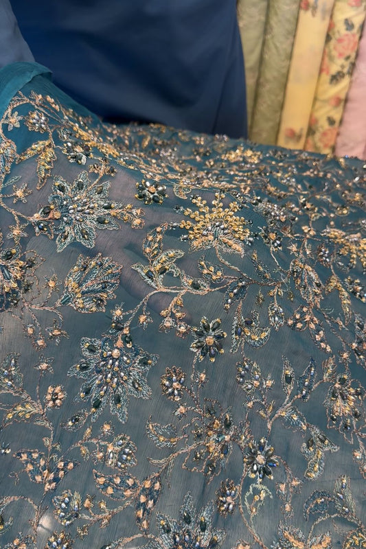 Fabareeze Teal Applique Cutwork Hand Embellished