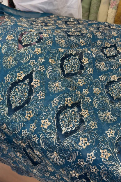 Fabareeze Teal Applique Cutwork Hand Embellished