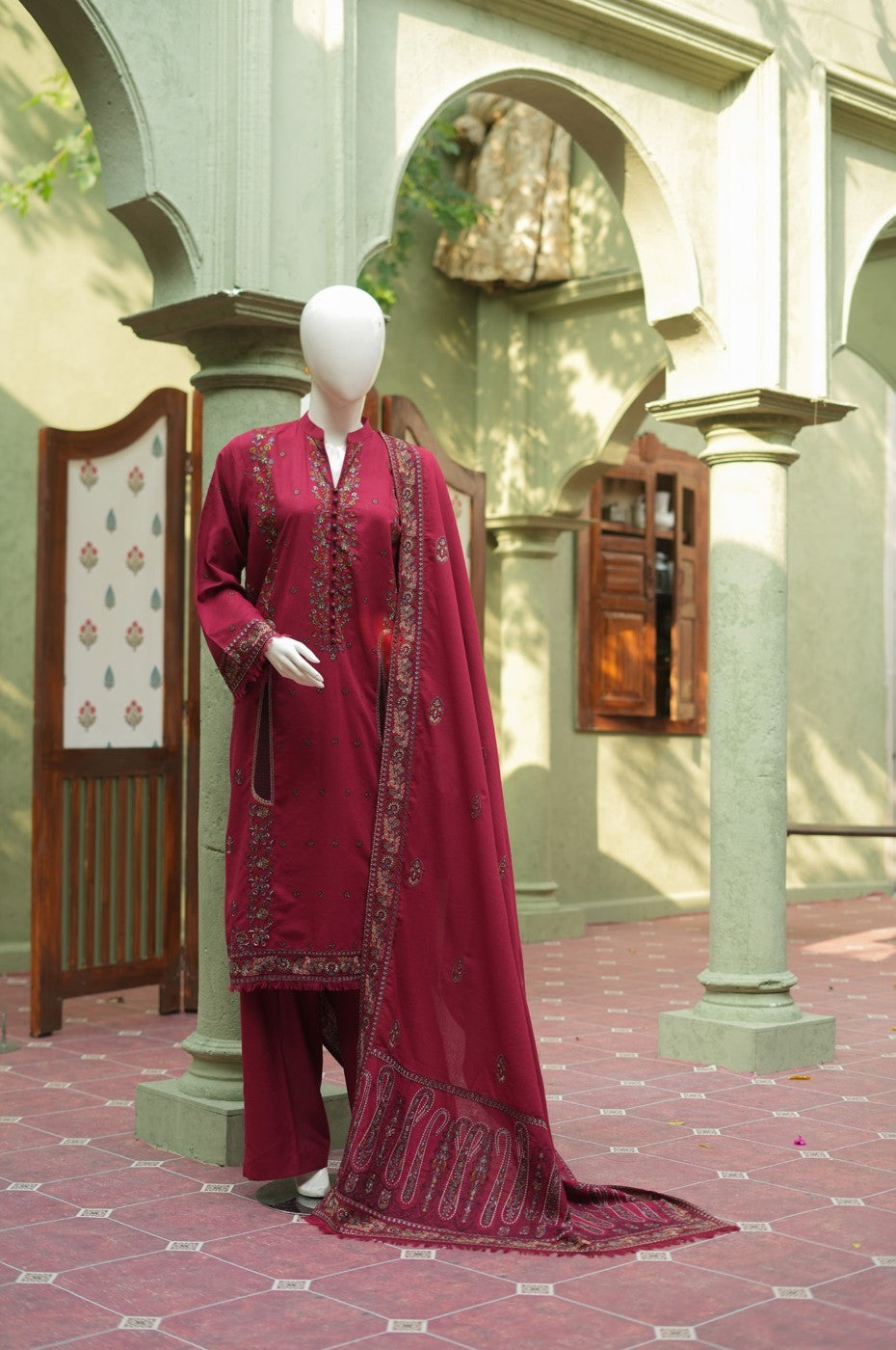 Red embroidered karandi 3 piece shawl set