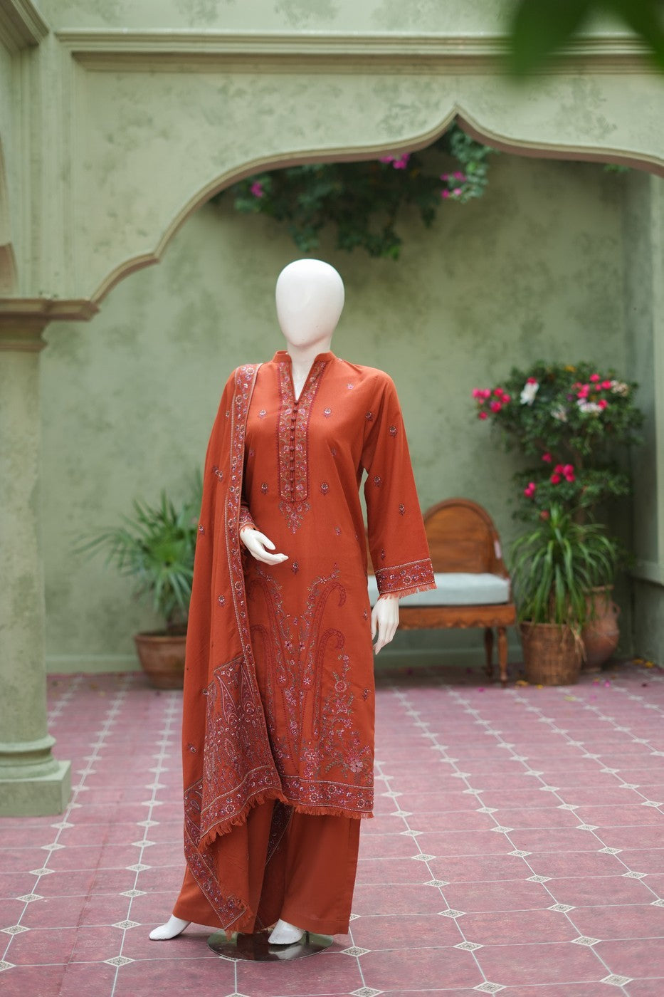 Rust embroidered karandi 3 piece shawl set