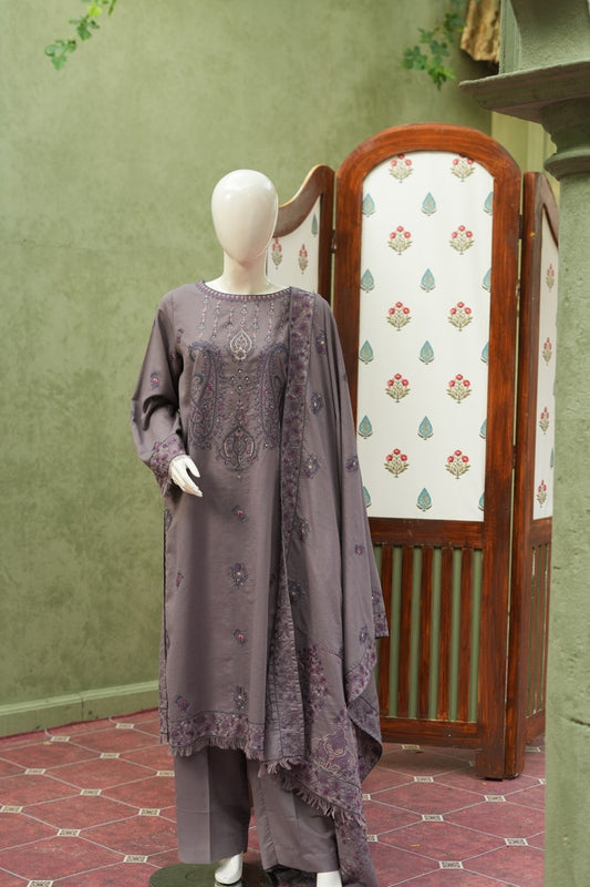 Mauve embroidered karandi 3 piece shawl set