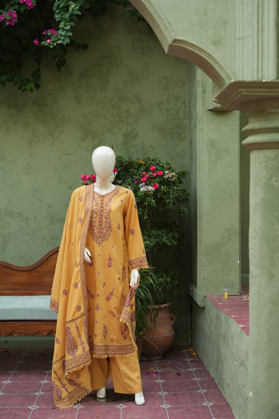 Mustard embroidered karandi 3 piece shawl set