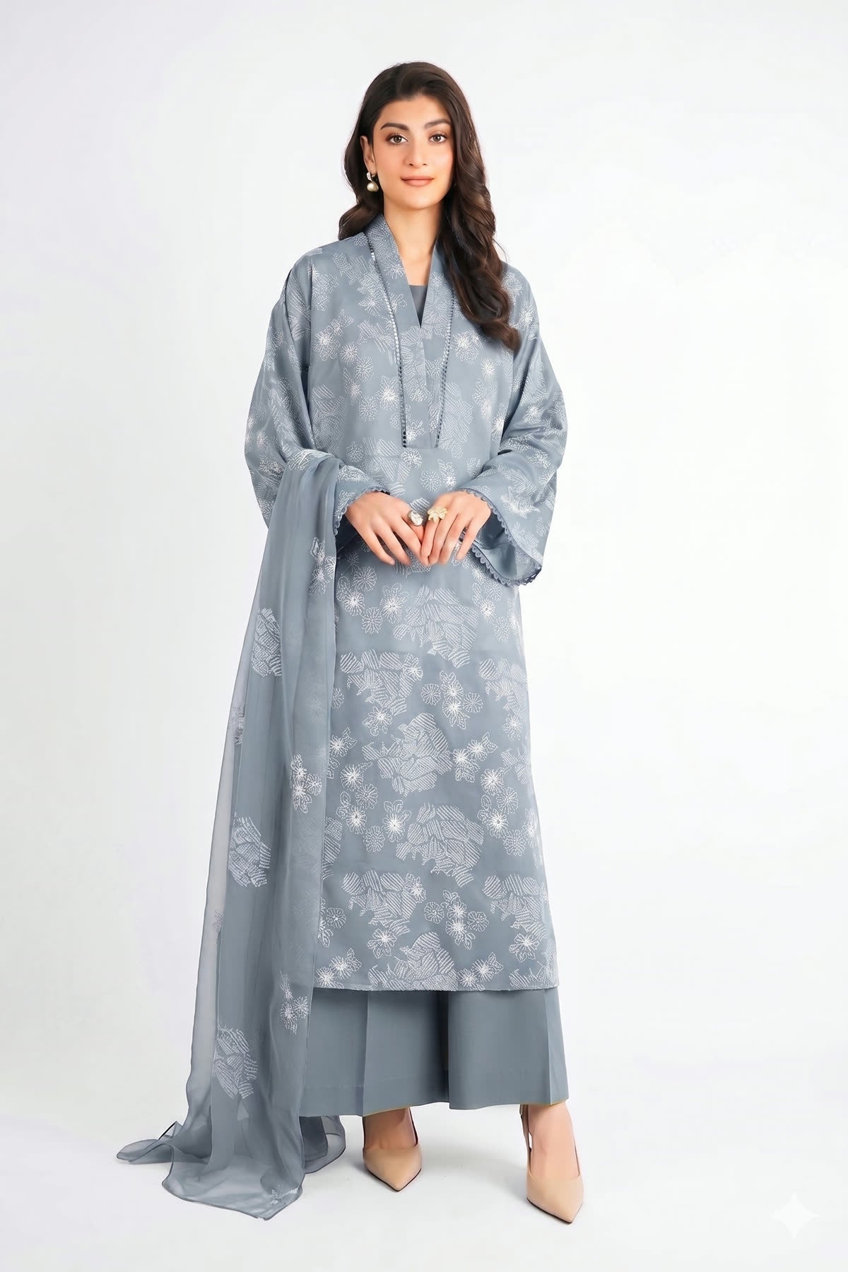 Grey embroidered lawn 3-piece - on model
