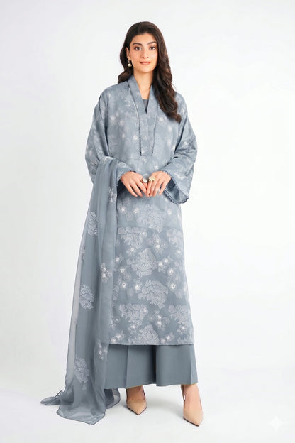 Grey embroidered lawn 3-piece - on model