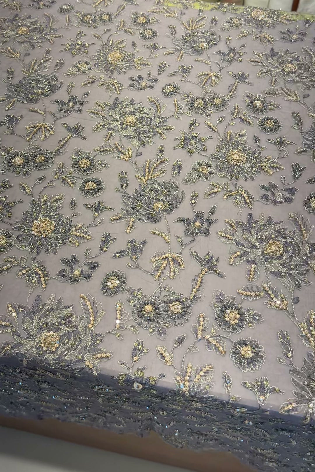 Grey hand-embellished chiffon formal shirt with gold bead and sequin floral work