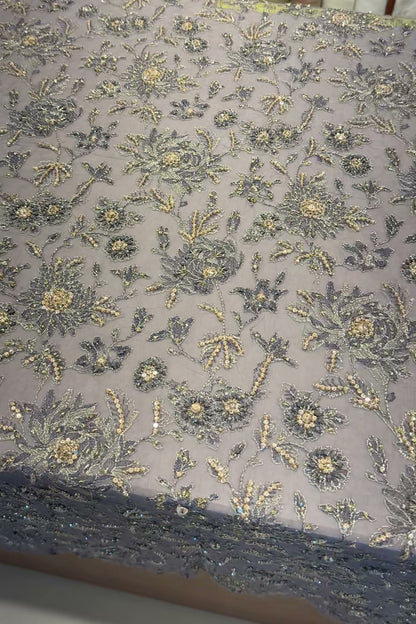 Grey hand-embellished chiffon formal shirt with gold bead and sequin floral work