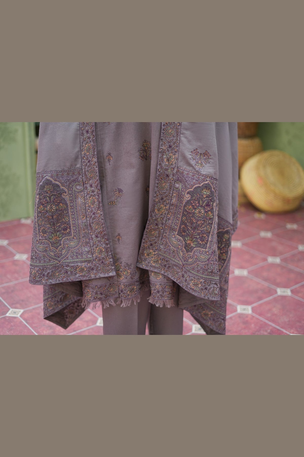 Grey Karandi Shawl Set - embroidered karandi shawl, ready to carry