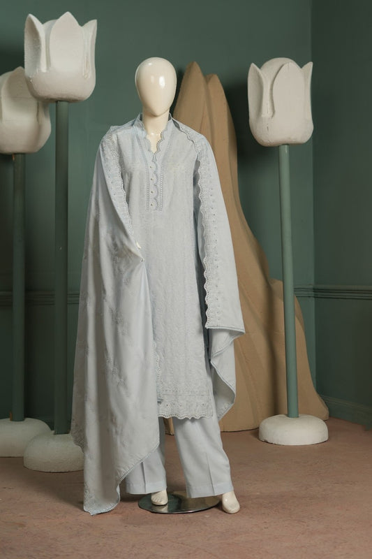 Ice blue embroidered karandi 3 piece shawl set