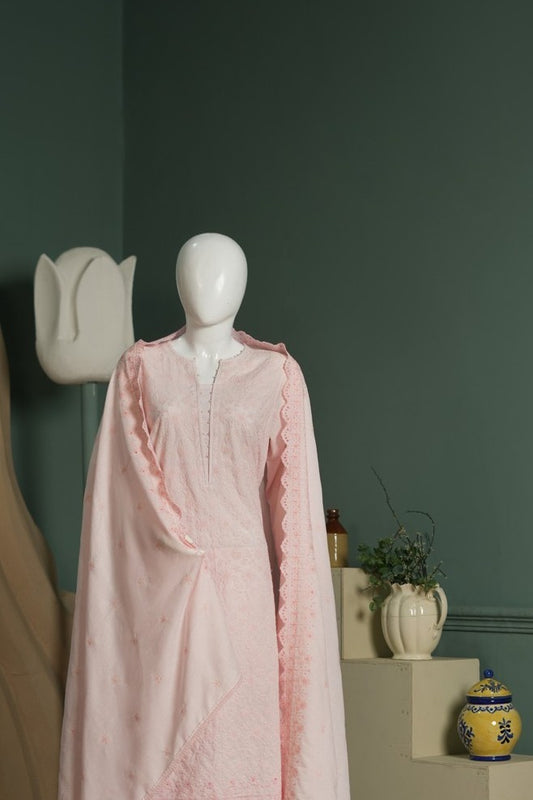 Pink embroidered karandi 3 piece shawl set