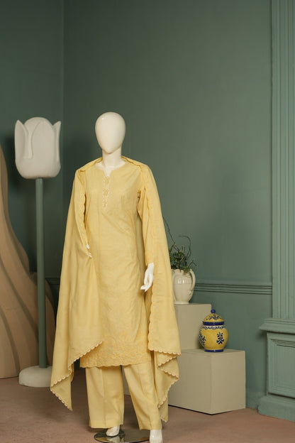 Yellow embroidered karandi 3 piece shawl set
