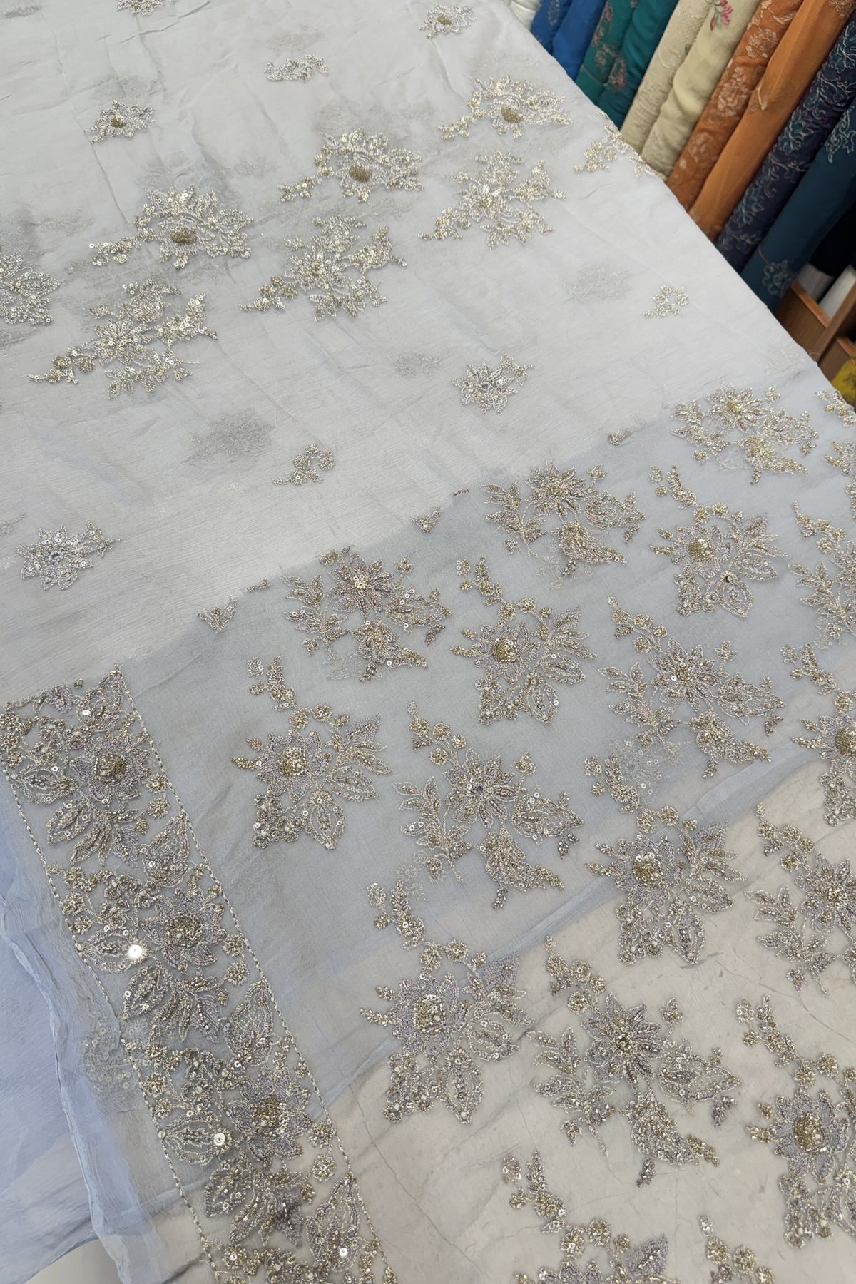 Ice Blue Luxury Formal Chiffon - hand embellished fabric