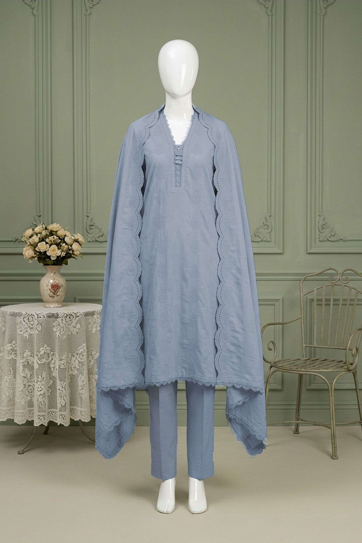 Ice Blue Karandi Shawl Set - unstitched 3-piece with ready-to-carry shawl, front
