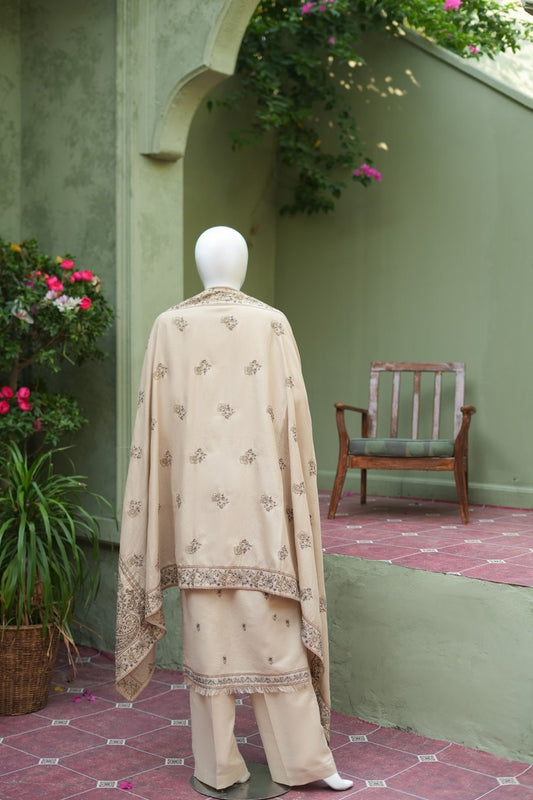 Light Beige Karandi Shawl Set - full 3-piece embroidered karandi shawl set