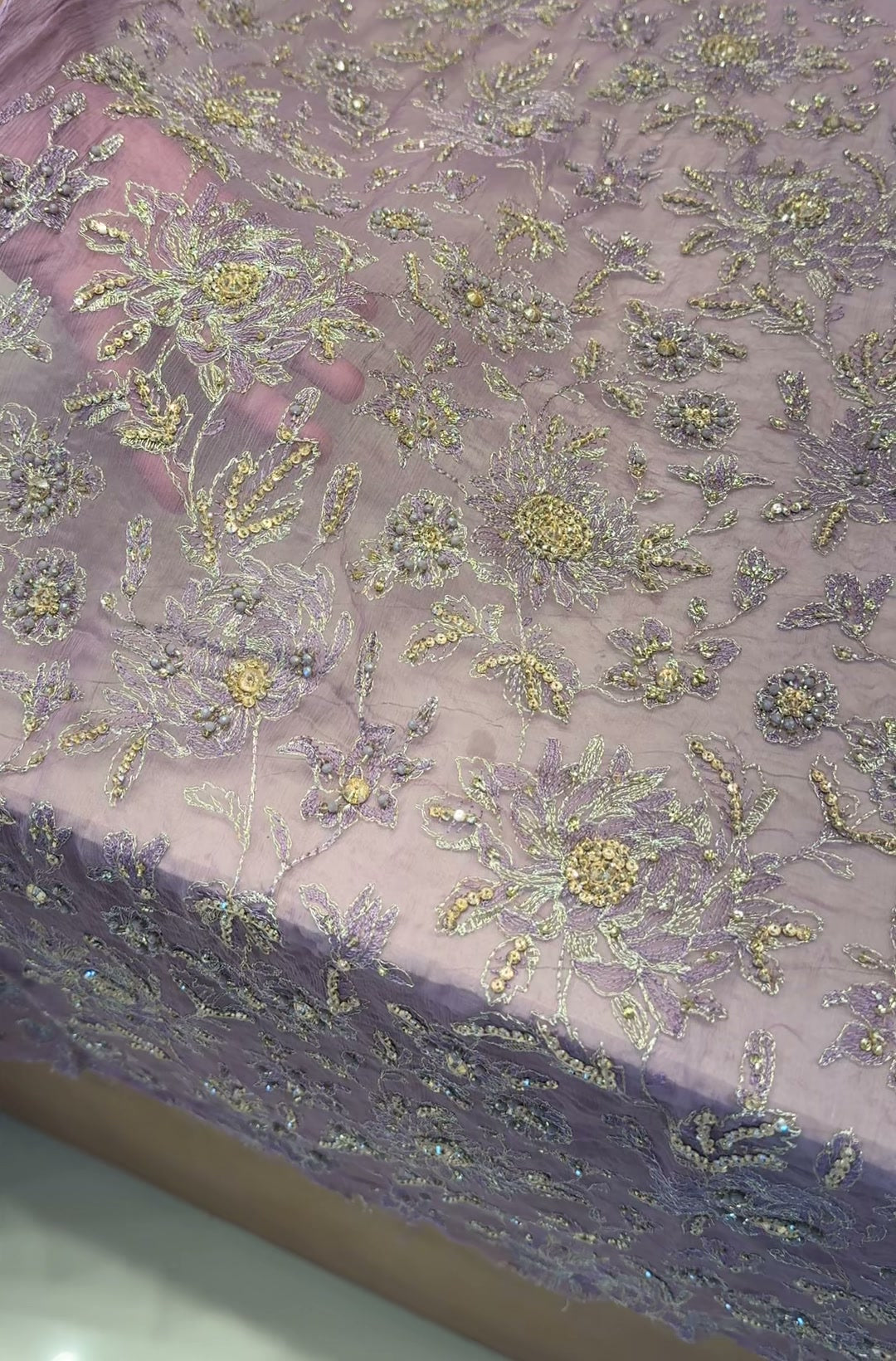 Lilac hand-embellished chiffon formal shirt with bead, sequin and pearl floral work