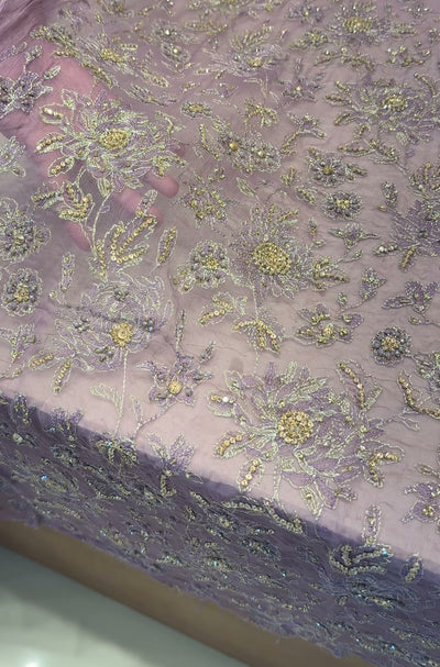 Lilac hand-embellished chiffon formal shirt with bead, sequin and pearl floral work