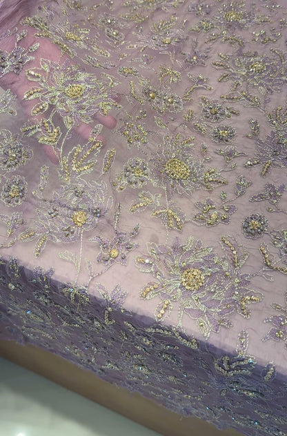 Lilac hand-embellished chiffon formal shirt with bead, sequin and pearl floral work