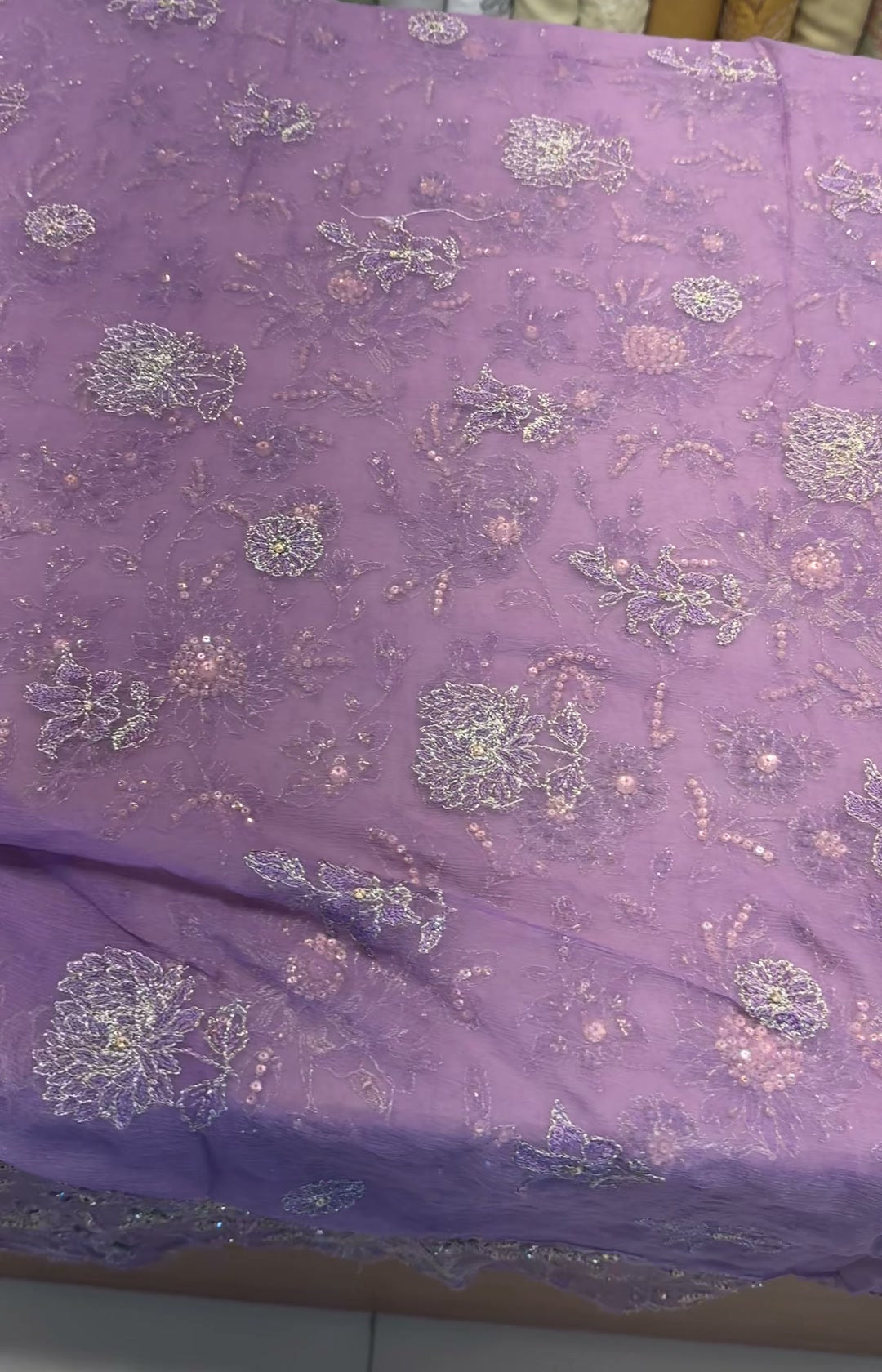Lavender embellished net piece with sequin floral work and scalloped border