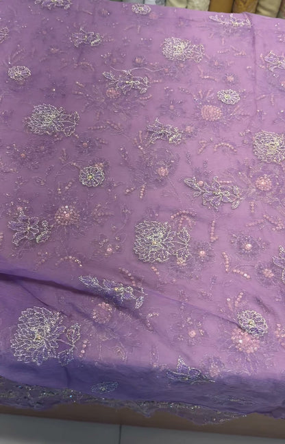 Lavender embellished net piece with sequin floral work and scalloped border