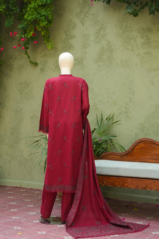 Maroon Karandi Shawl Set - full 3-piece embroidered karandi shawl set
