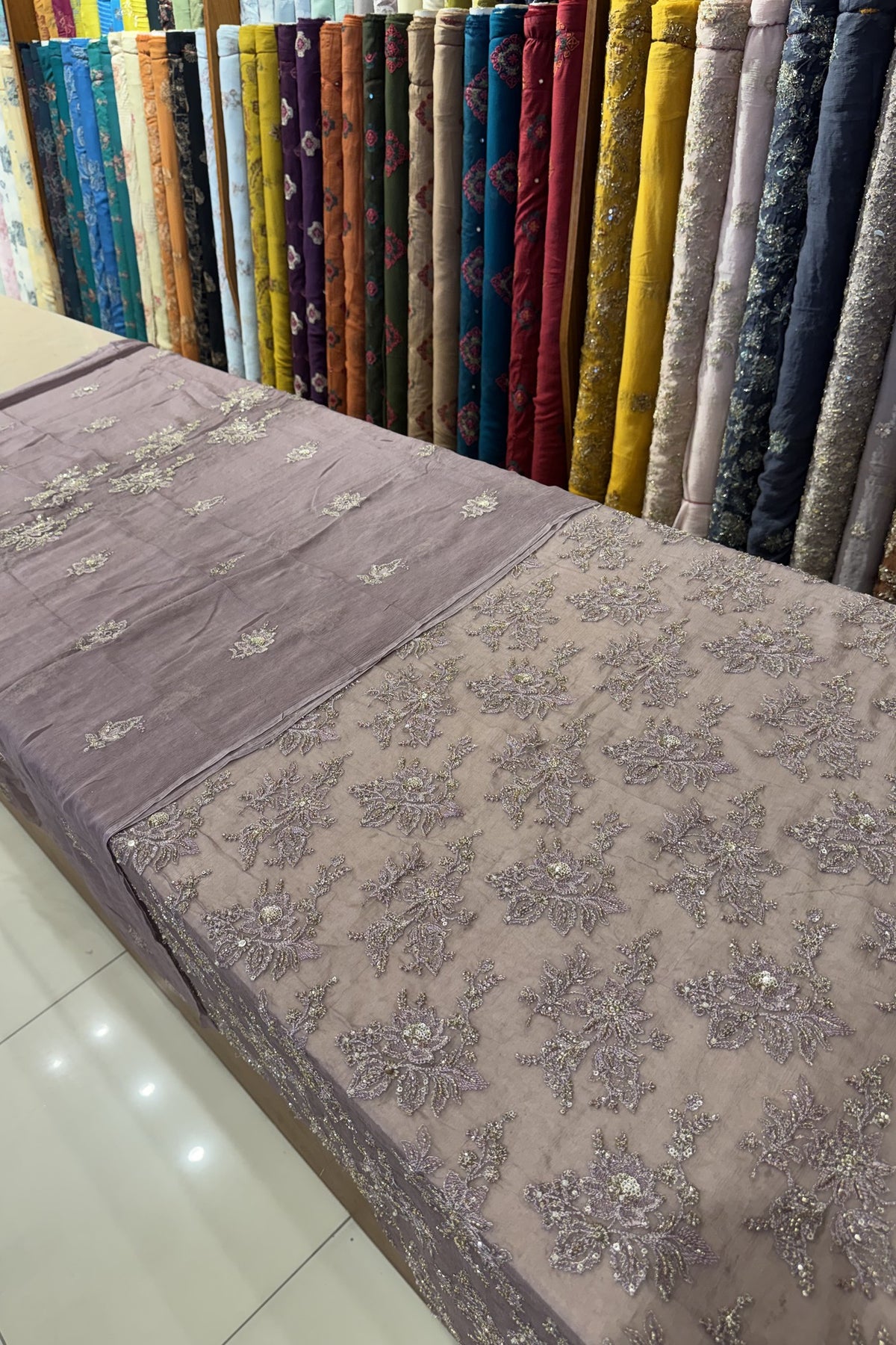 Mauve Luxury Formal Chiffon - hand embellished fabric
