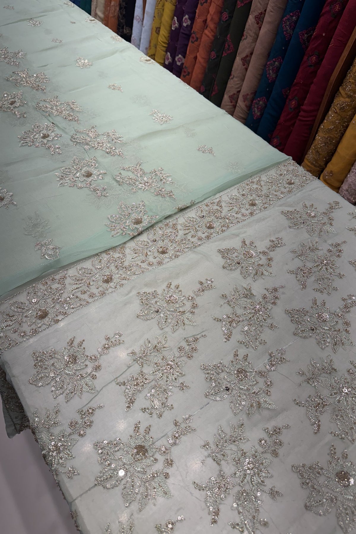 Mint Green Luxury Formal Chiffon - hand embellished fabric