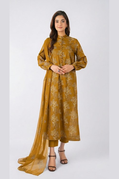 Mustard Embroidered Lawn 3 Piece - model