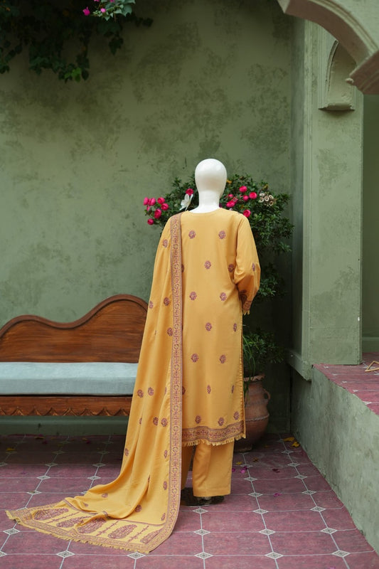 Mustard Karandi Shawl Set - full 3-piece embroidered karandi shawl set
