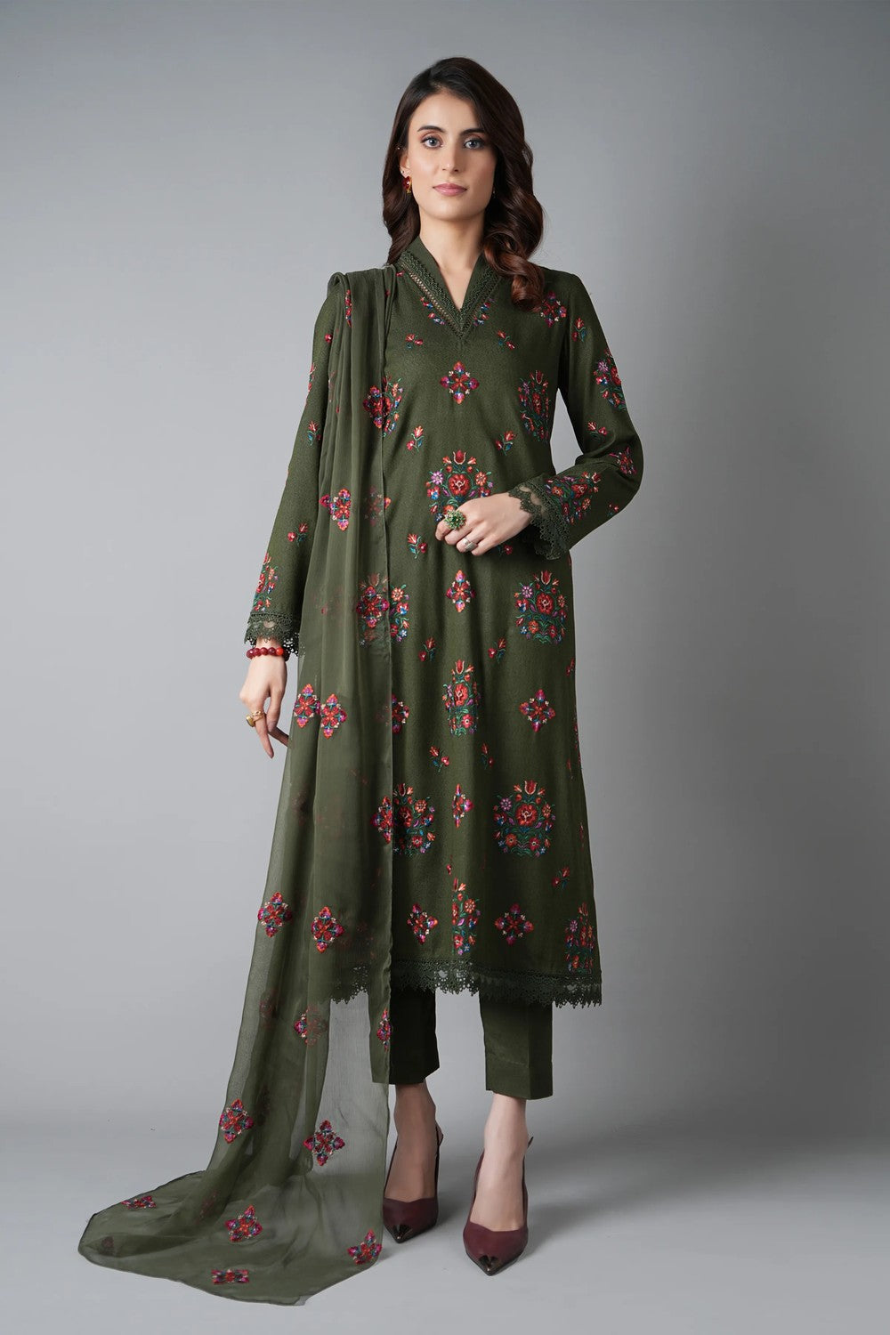 Fabareeze Olive Green 3 PC Embroidered Karandi