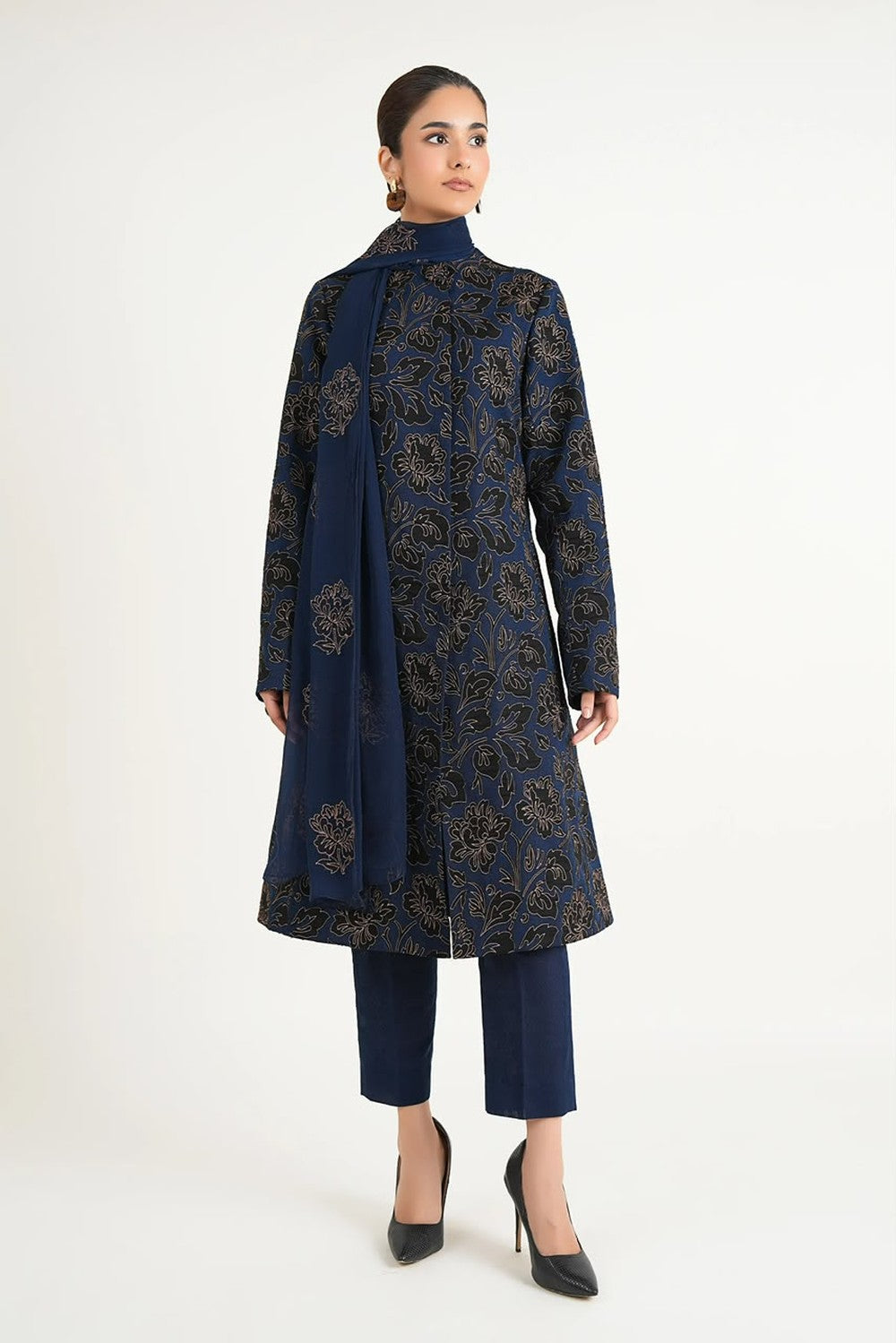 Navy Blue Applique Cutwork - unstitched 3-piece karandi suit