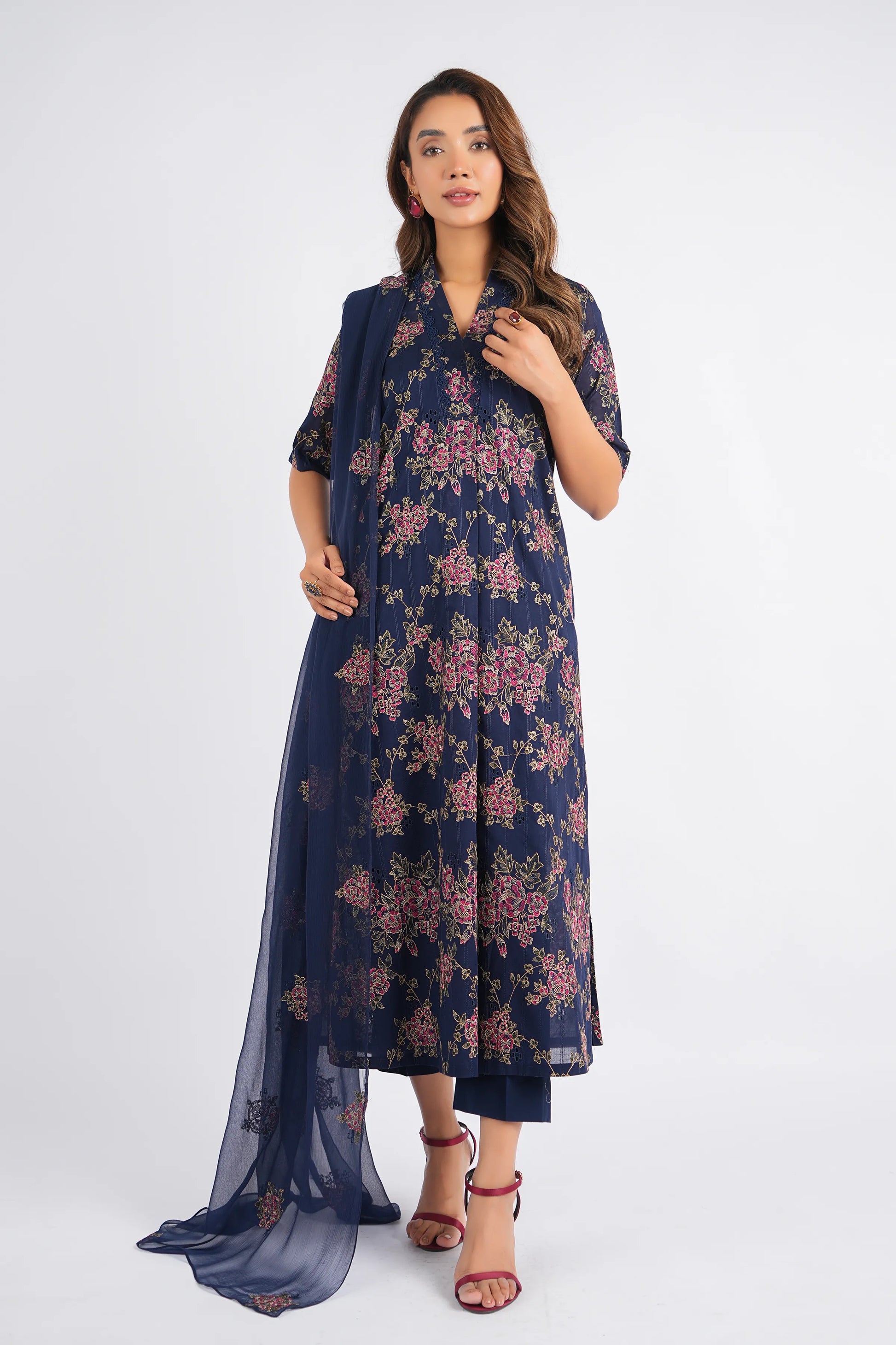 Fabareeze Navy Blue Chikankari Embroidered lawn suit