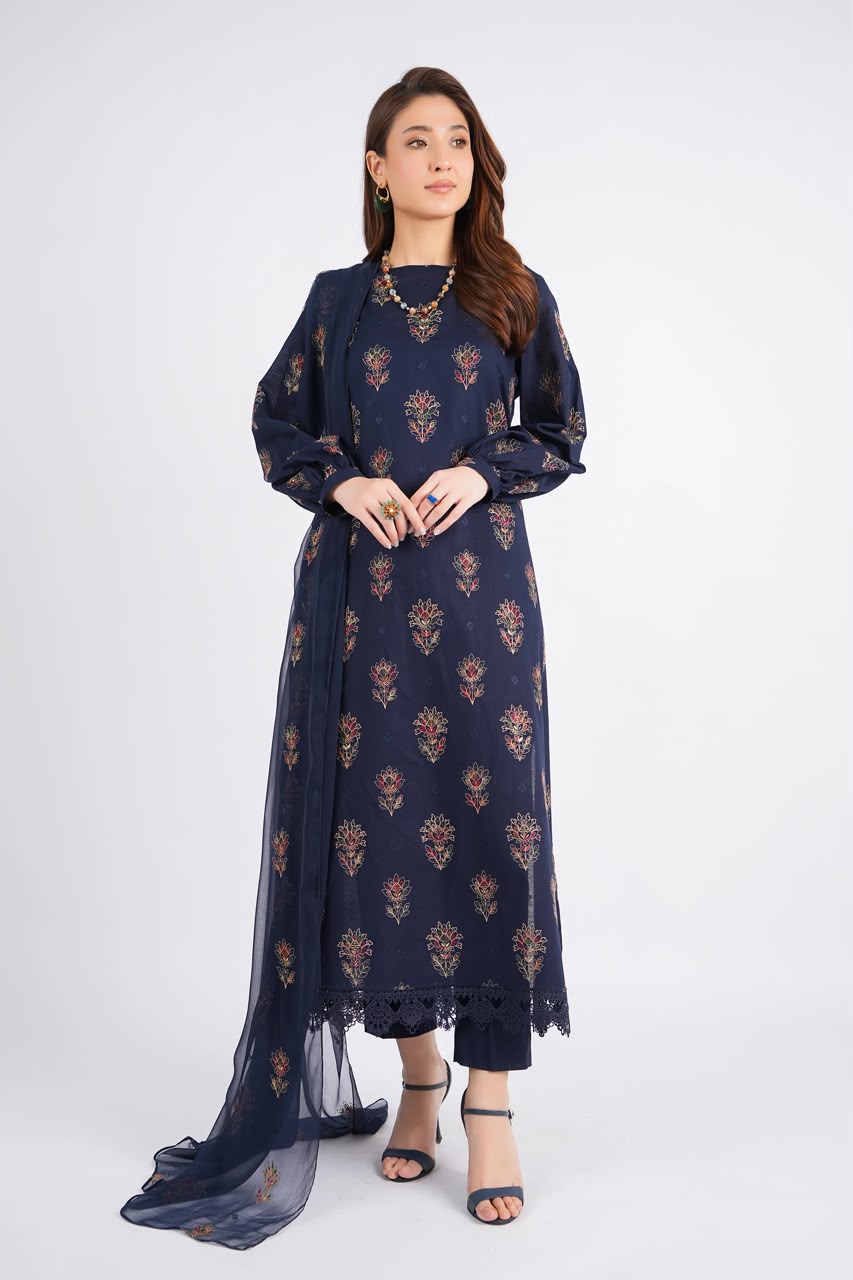 Navy Blue Embroidered Karandi – 3 Piece Unstitched