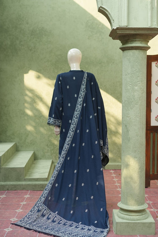 Navy Blue Karandi Shawl Set - full 3-piece embroidered karandi shawl set