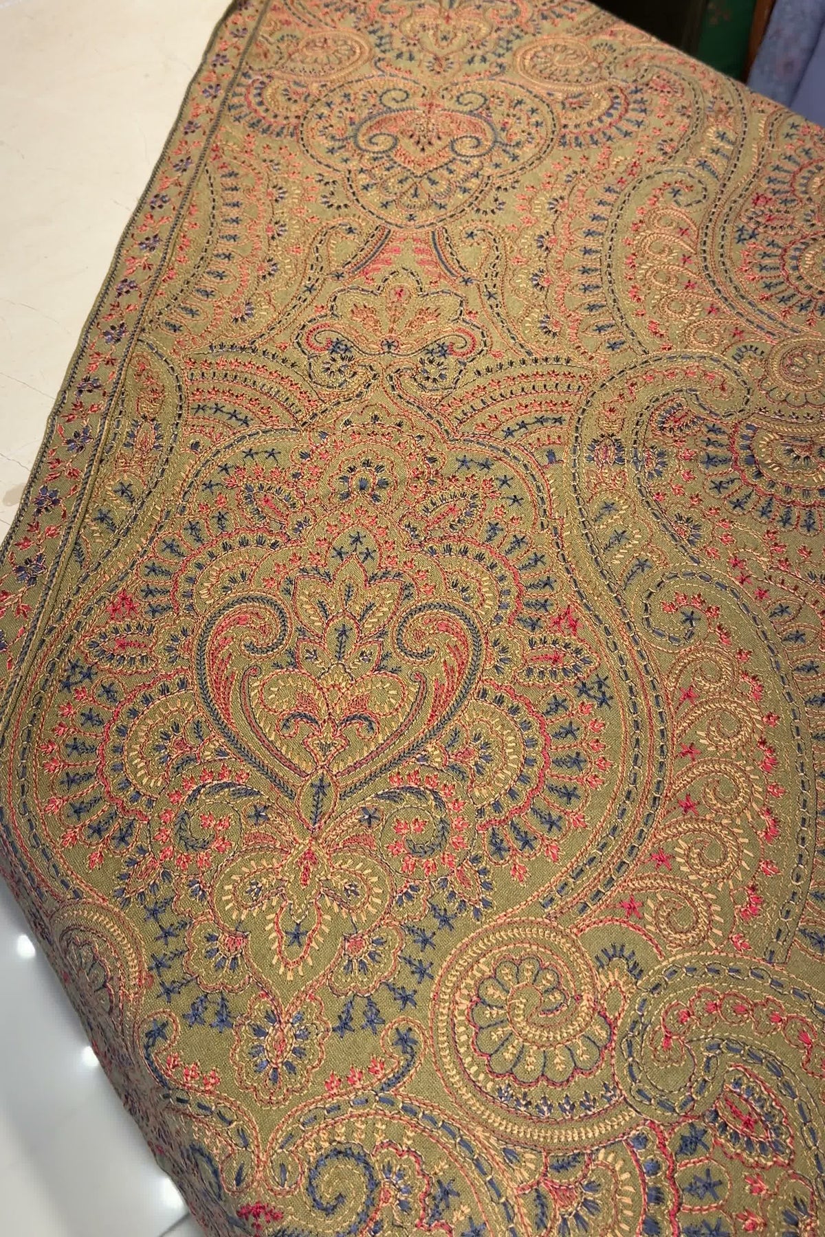 Olive Green Embroidered Shawl Set – Peach Leather
