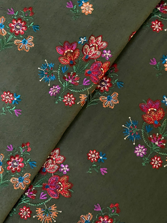 Fabareeze Olive Green Embroidered Karandi fabric close-up