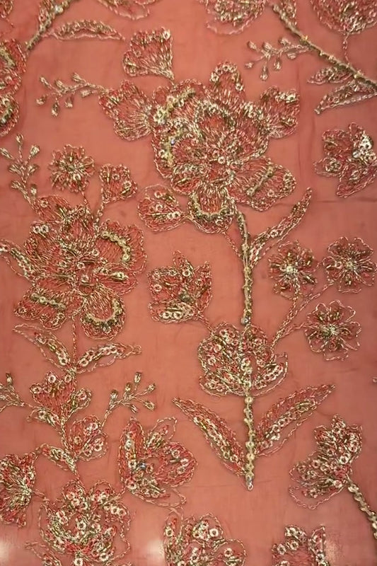 Fabareeze Salmon Pink Fancy Chiffon Hand Embellished