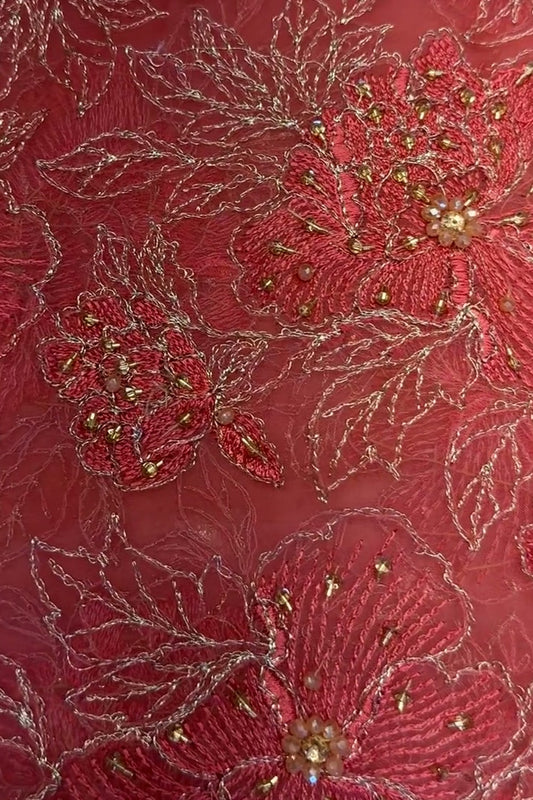 Fabareeze Coral Red Fancy Chiffon Hand Embellished