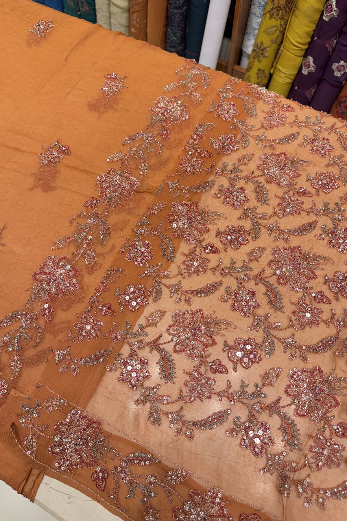 Orange Luxury Formal Chiffon - hand embellished fabric