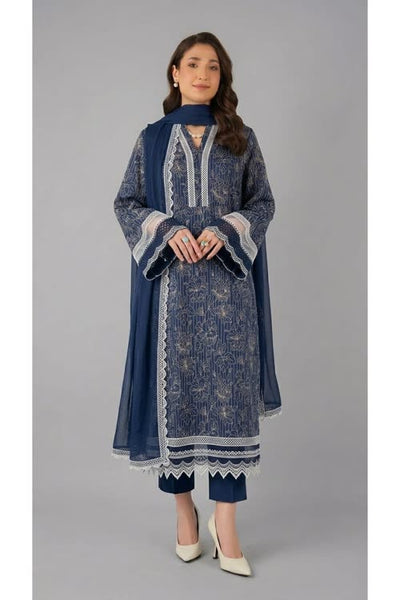 Navy blue embroidered lawn 3-piece - on model