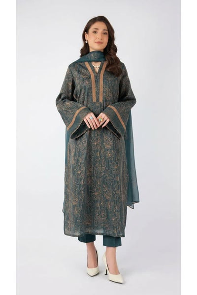 Teal green embroidered lawn 3-piece - on model