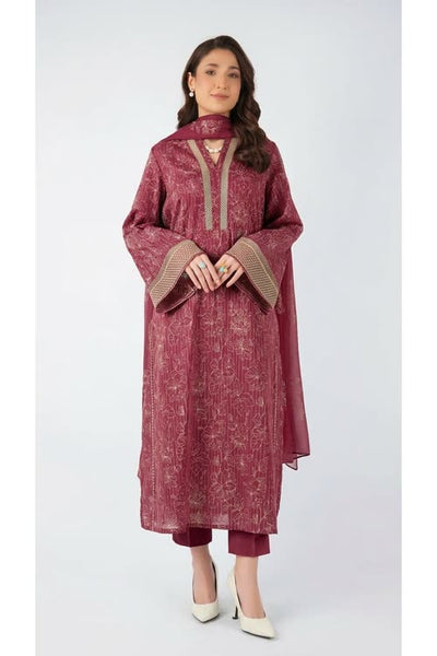 Maroon embroidered lawn 3-piece - on model