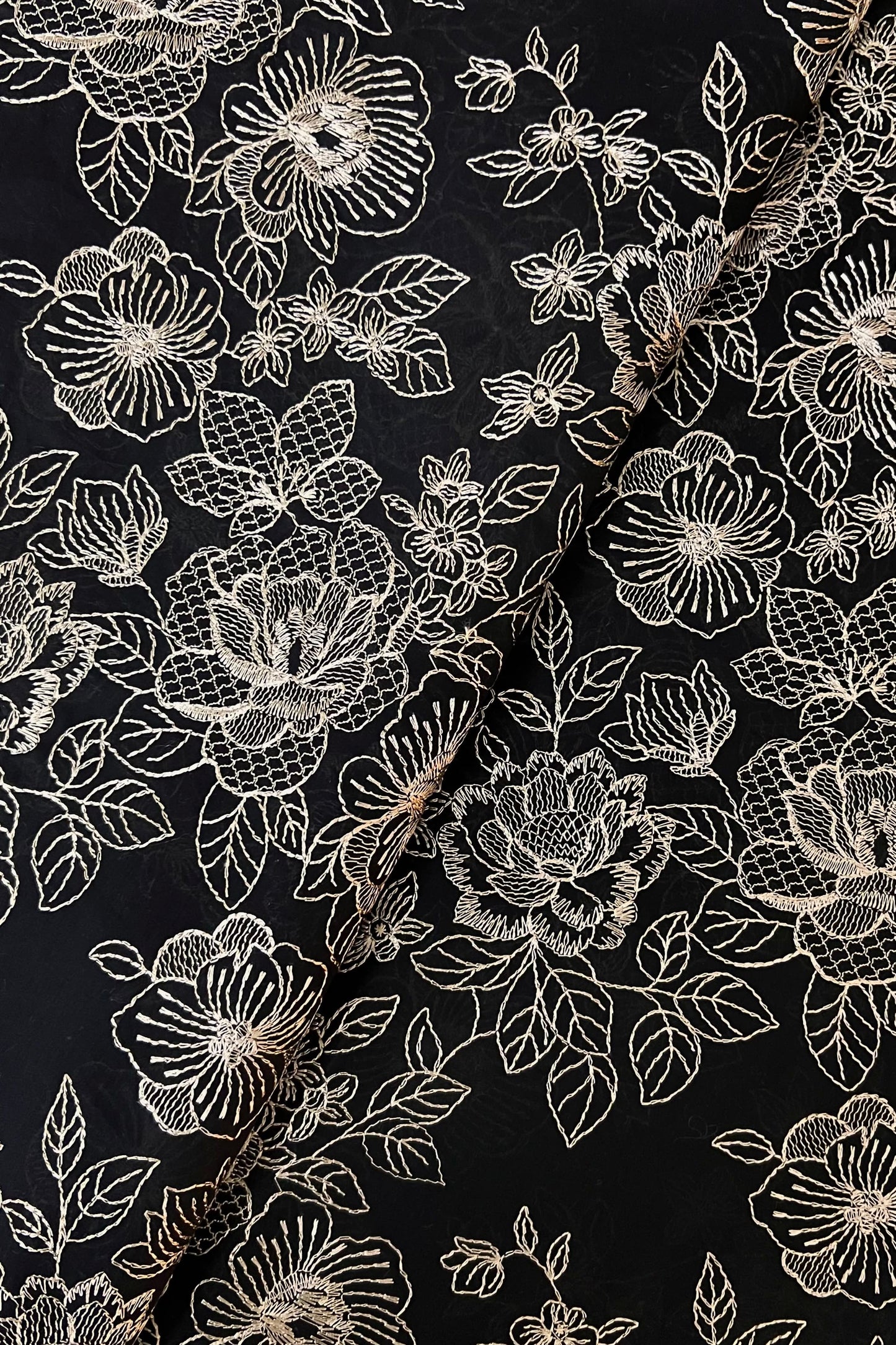Black embroidered lawn fabric detail