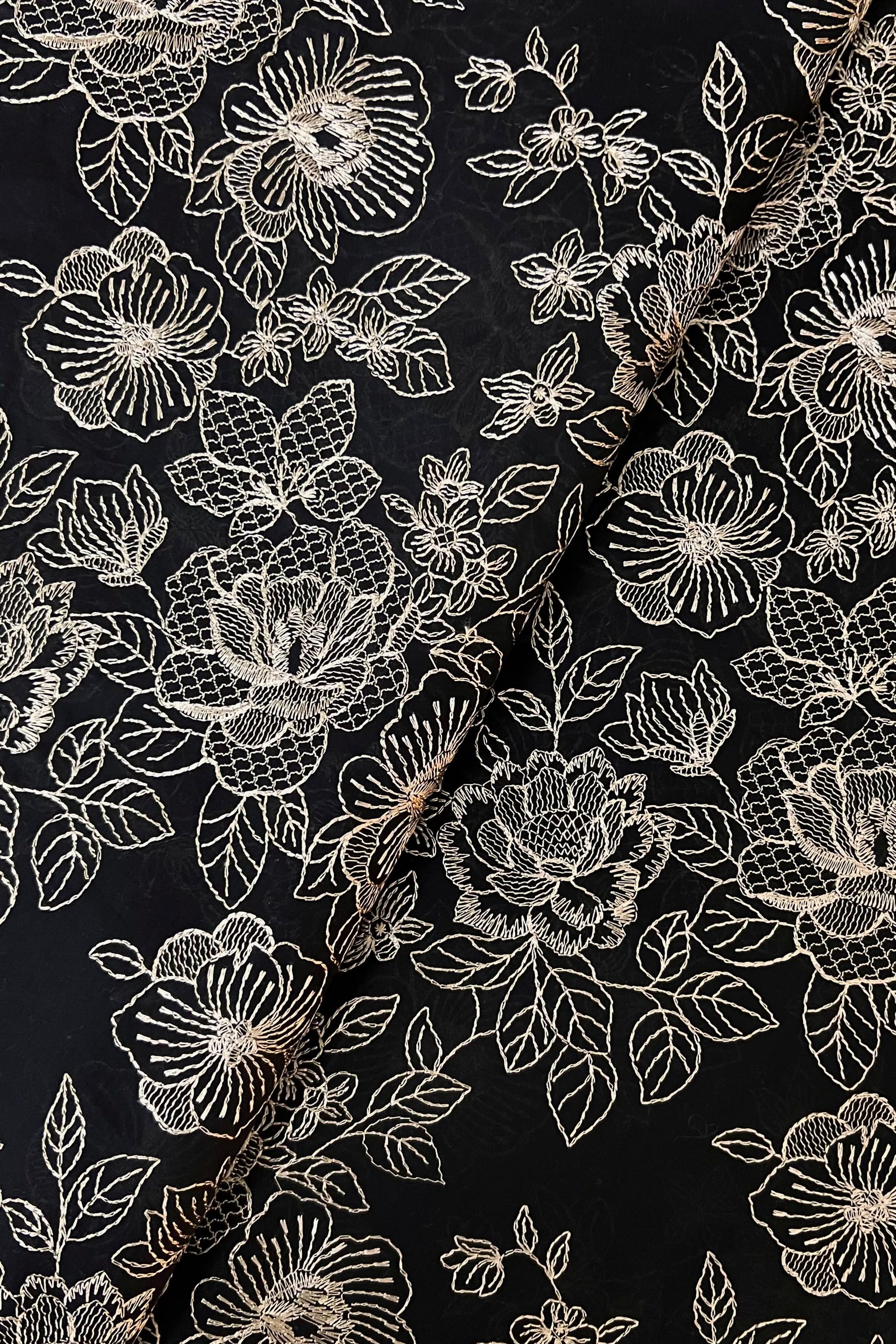 Black embroidered lawn fabric detail