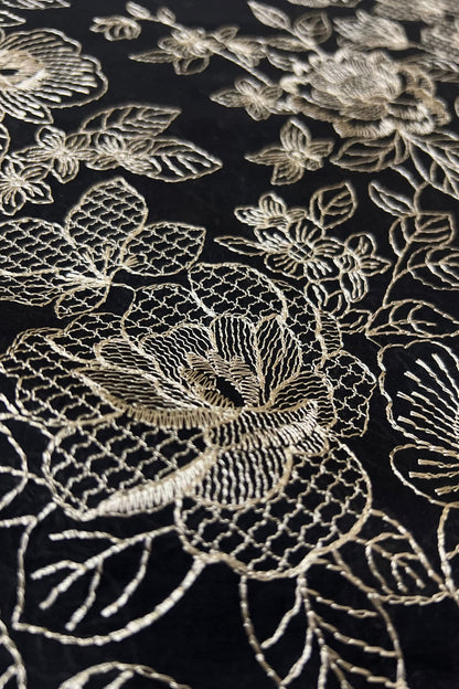 Black embroidered lawn fabric close-up